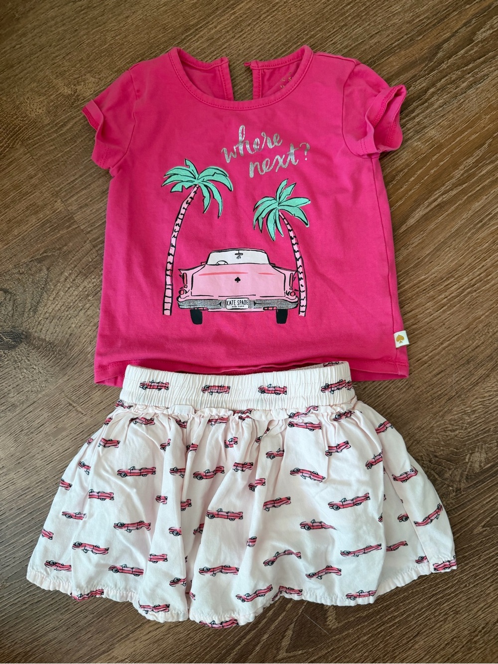 kate spade Pink & White Girls Matching Set - Car Print Tee & Skirt